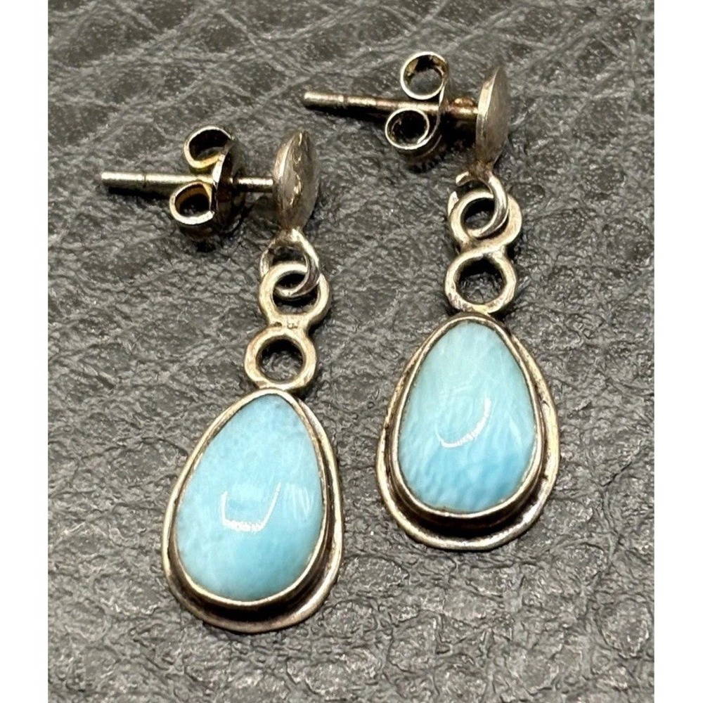 Vintage Blue Larimar Teardrop Dangle Drop Earrings Sterling Silver 925